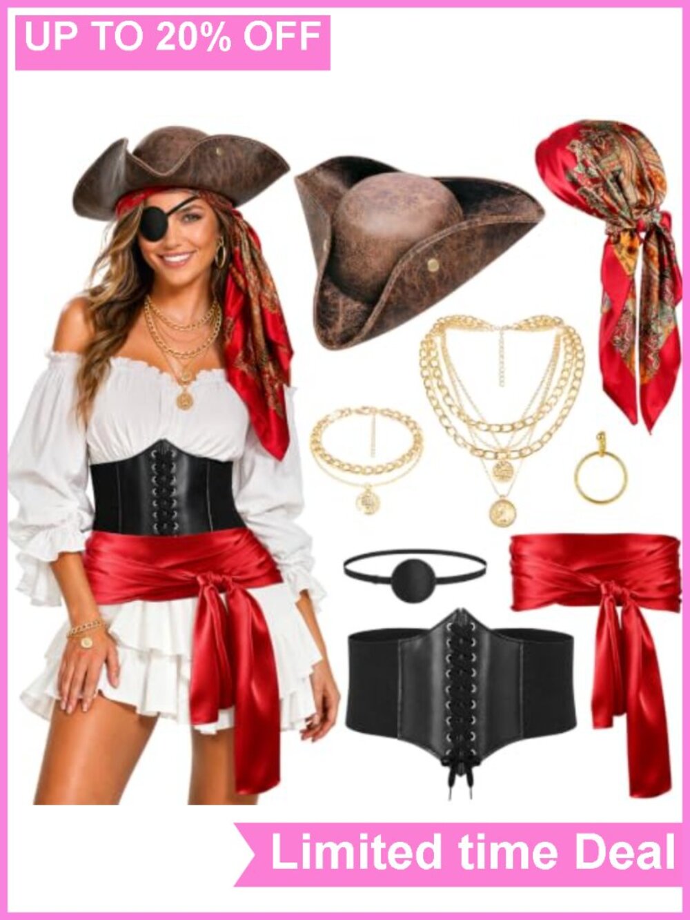 8 PC Pirate Costume Accessory Set Faux Leather Tricorn Hat Corset Bandana Sash